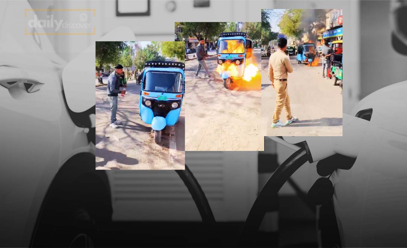 An electric rickshaw engulfed in flames as a protest against battery performance in Jodhpur