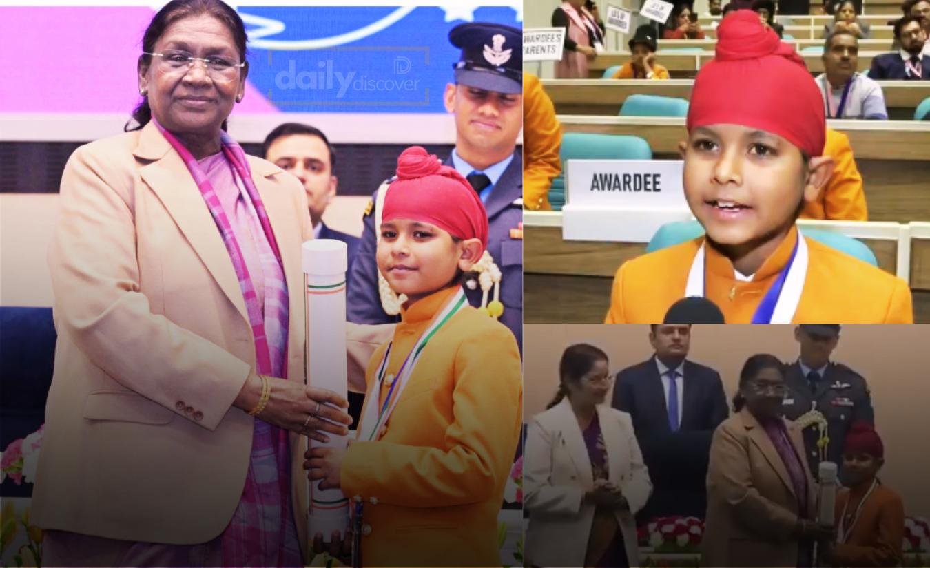 10-year-old Shravan Singh receiving the Pradhan Mantri Rashtriya Bal Puraskar