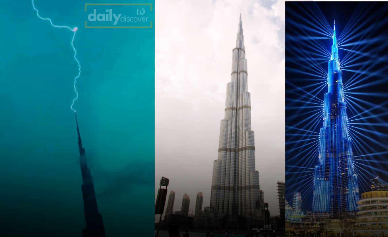 Dramatic lightning bolt striking the top of the Burj Khalifa skyscraper in Dubai
