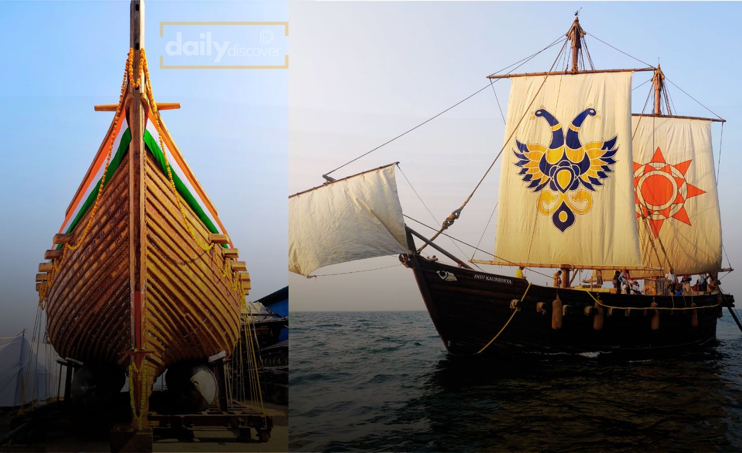 INSV Kaundinya sailing ship built with ancient Indian technology on the Arabian Sea