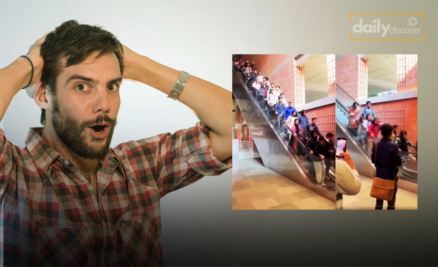 Students struggling on a malfunctioning escalator at Dhaka University