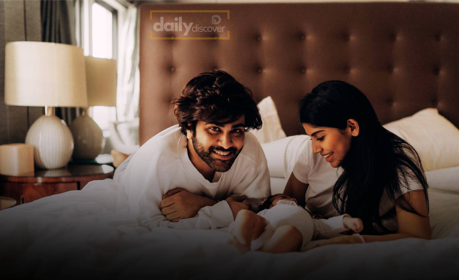 Collage of Tollywood actors Varun Tej, Nithiin, and Sharwanand with baby-themed elements