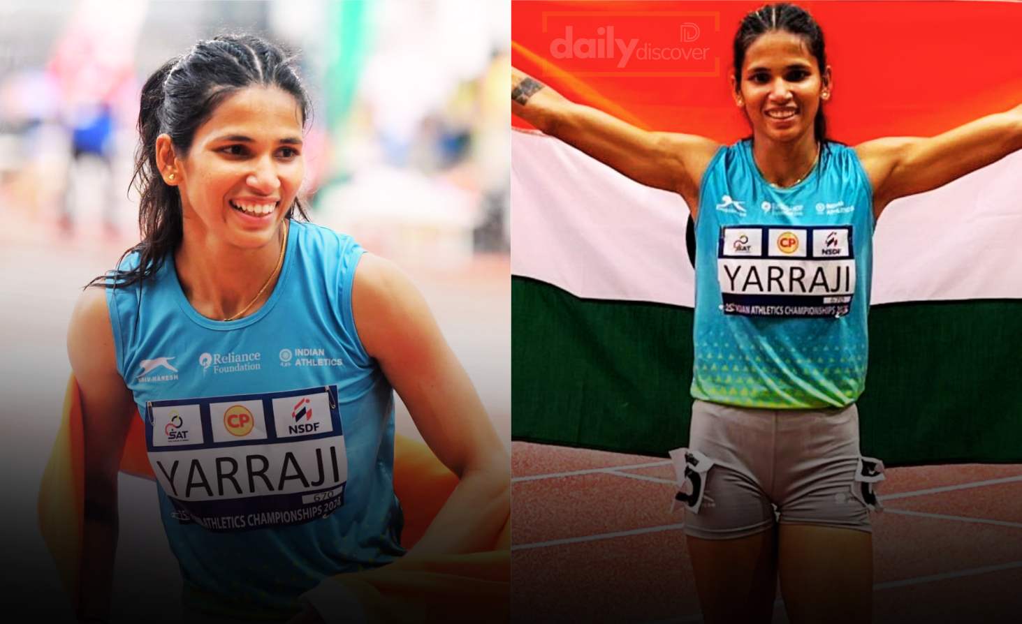 Jyothi Yarraji celebrating her gold medal win at the Asian Athletics Championship