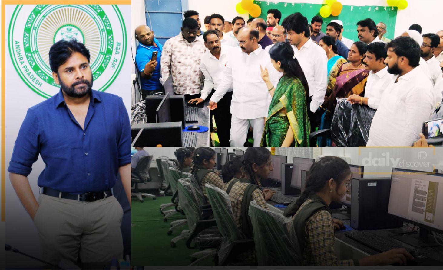 Officials handing over computers and books to the headmaster of Sharada ZP High School on behalf of Pawan Kalyan