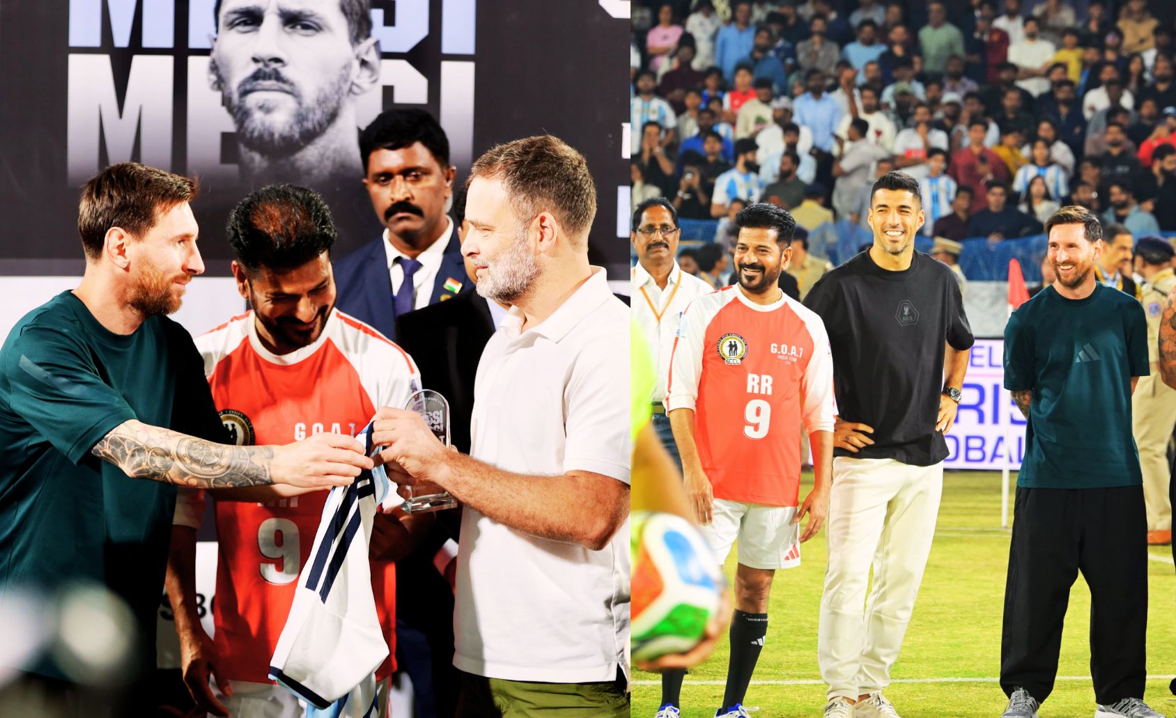 CM Revanth Reddy welcoming Lionel Messi to Hyderabad with Rahul Gandhi