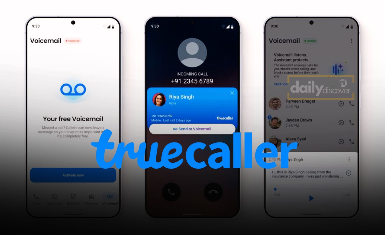 Truecaller app showing the new AI voicemail transcription feature on an Android smartphone