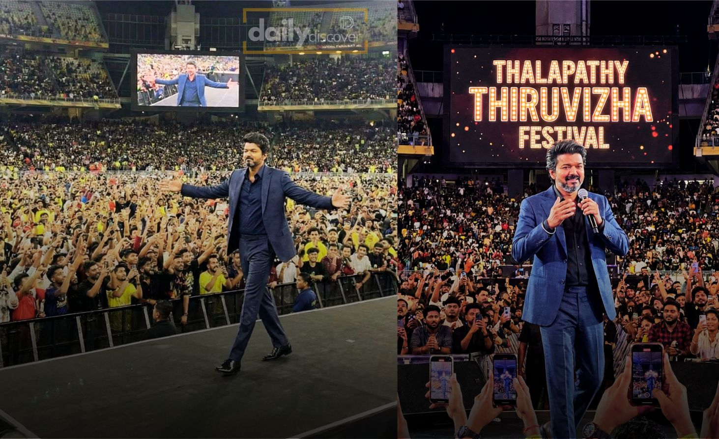 Vijay addressing a massive crowd at Bukit Jalil Stadium during Jana Nayagan audio launch
