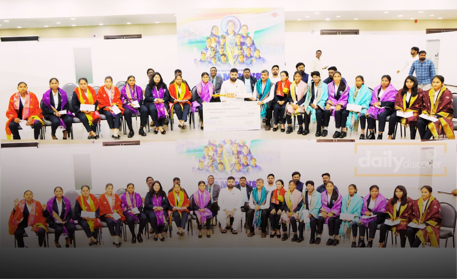 Deputy CM Pawan Kalyan presenting a cheque to a player from the Indian Blind Women's Cricket Team