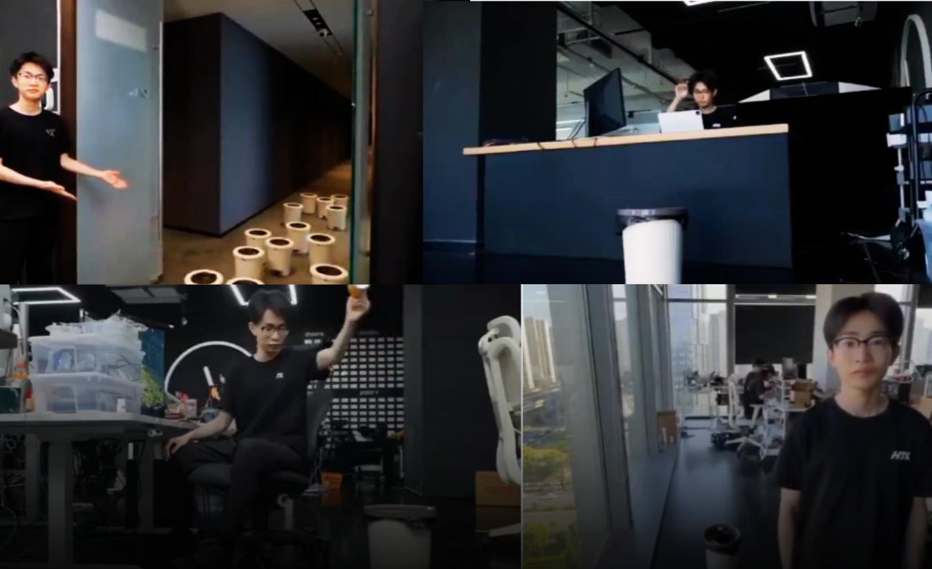 AI robotic trash can with wheels moving to catch a piece of paper in mid-air