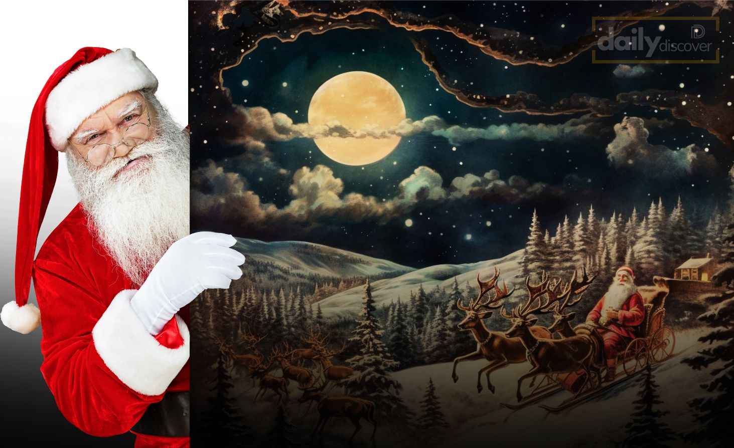 Illustration of Saint Nicholas helping a poor family and modern Santa in a red suit