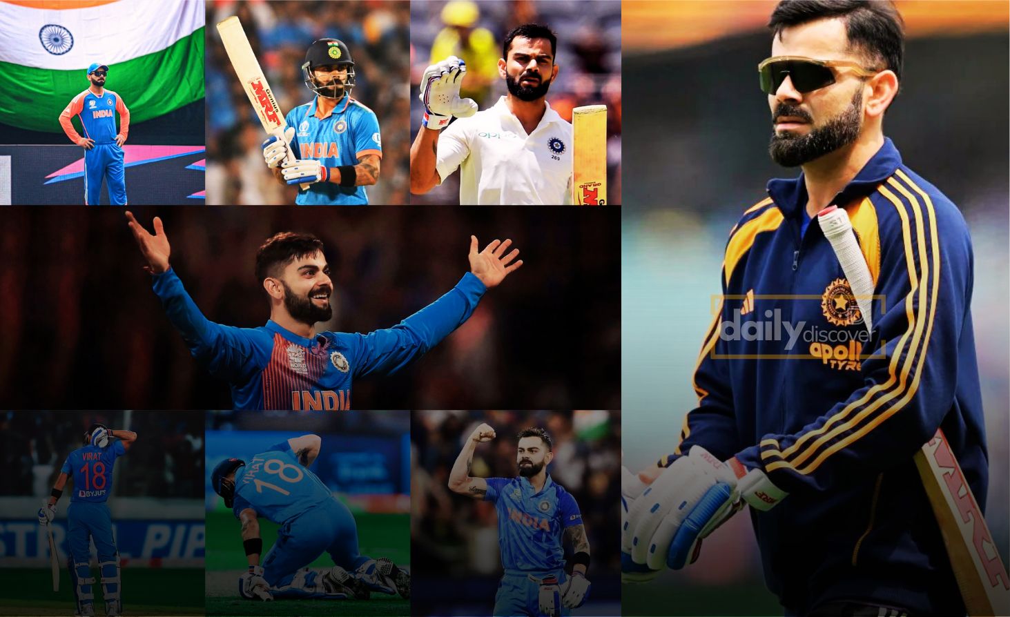 Virat Kohli celebrating a century and a comparison graphic with Sachin Tendulkar