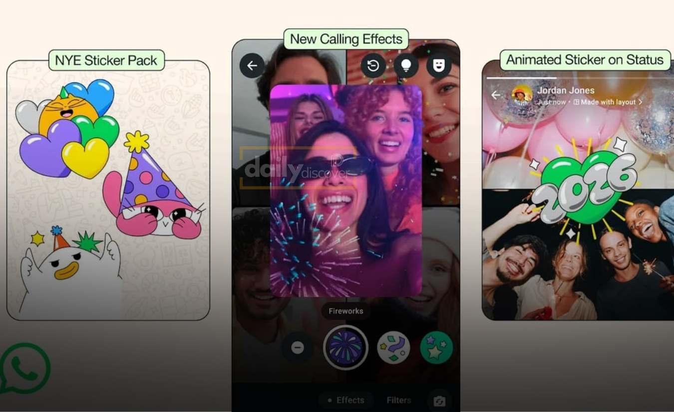 Visual representation of WhatsApp video call with firework effects and 2026 stickers