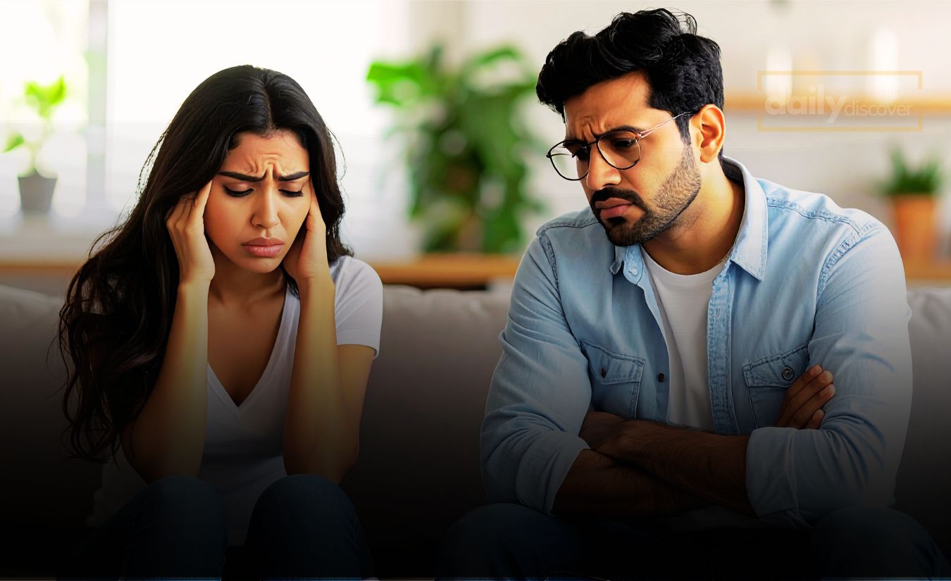 A visual representing a couple feeling stressed by societal questions about having children