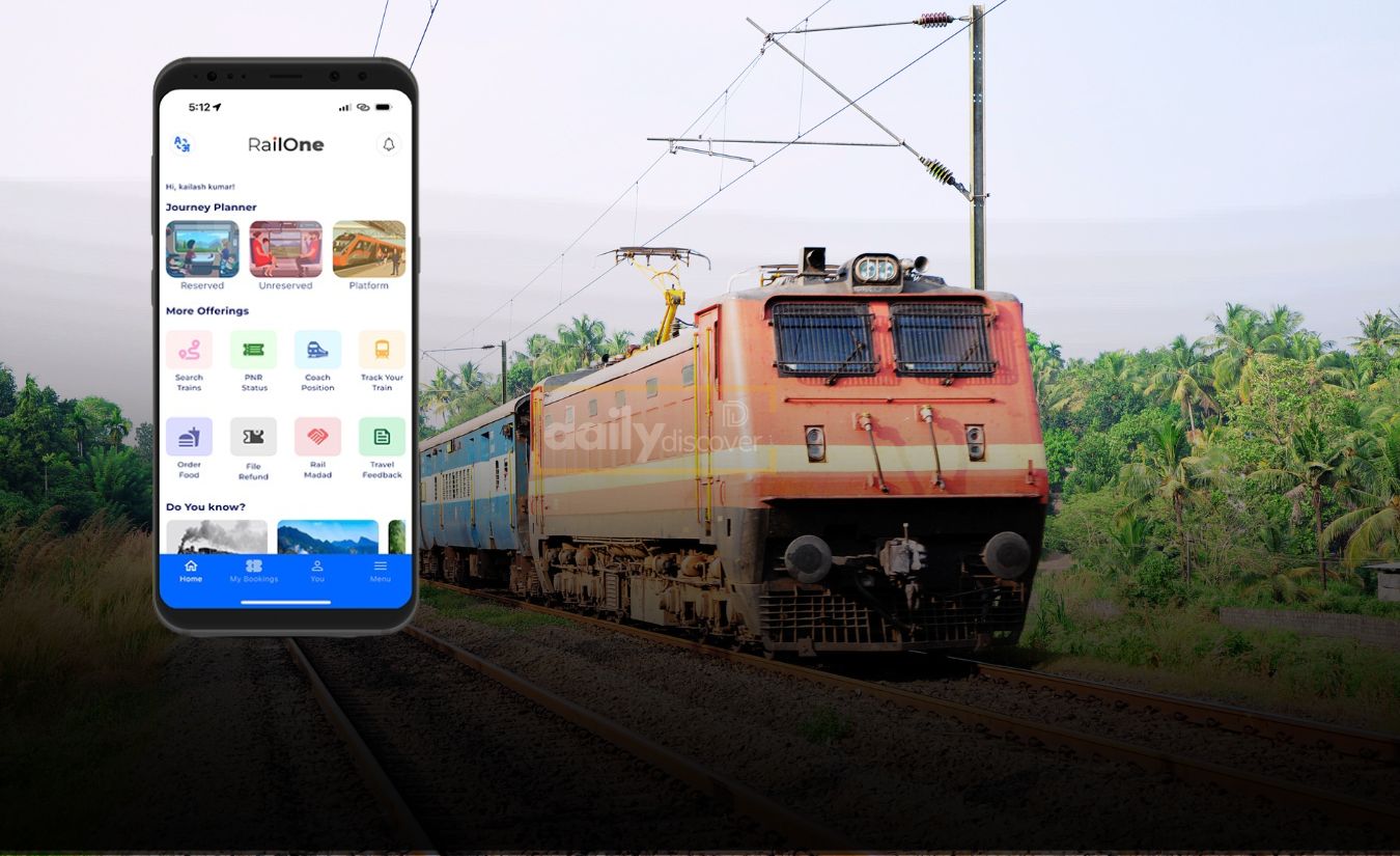 Promotional banner of Railway One app at a railway station explaining the discount