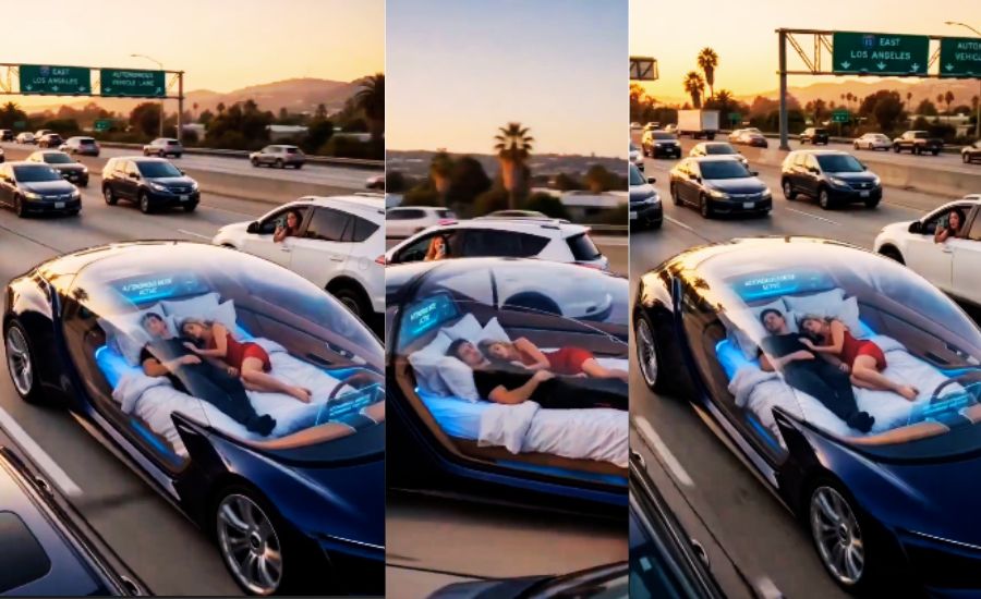Futuristic Tesla autonomous vehicle concept with transparent roof and sleeping passengers